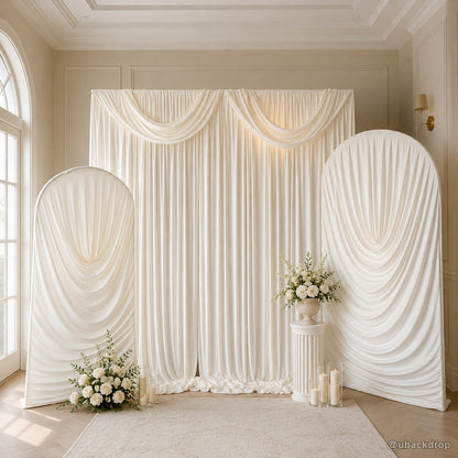Ivory triple panel ruched fabric wedding party backdrop stand