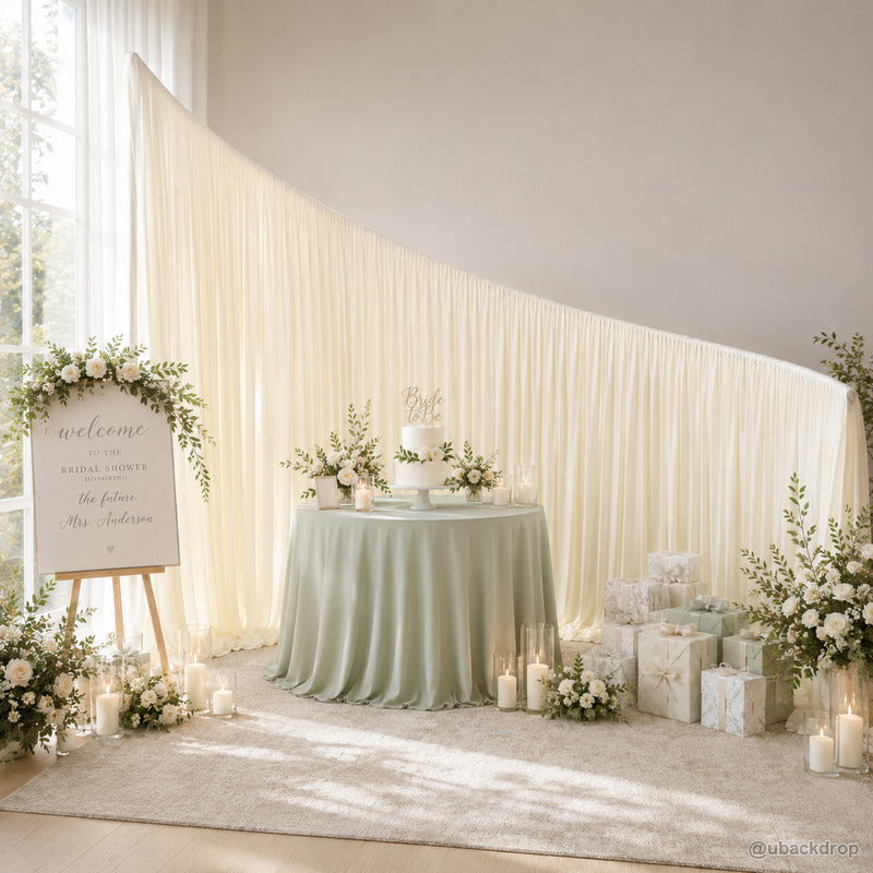 Ivory wave drapery party stand wedding welcome table backdrop