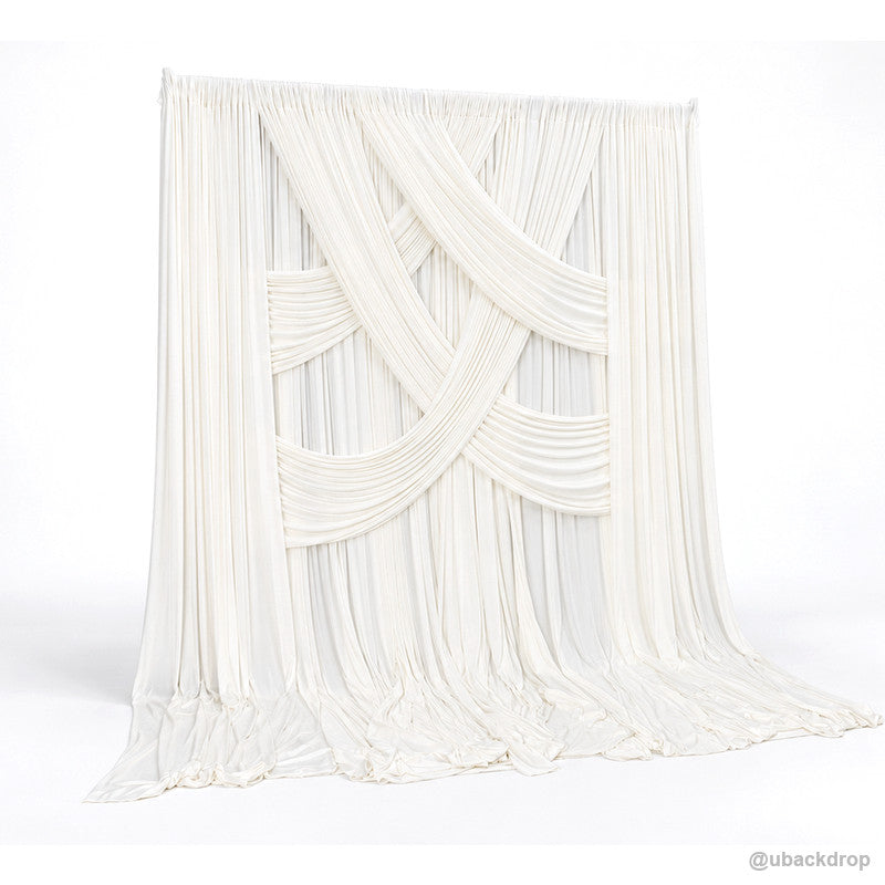 Ivory white crisscross layered drape backdrop left angle view