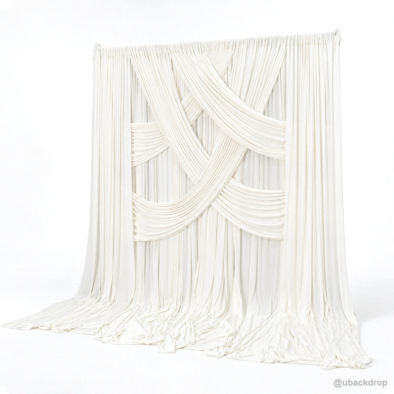 Ivory white crisscross layered drape backdrop right angle view