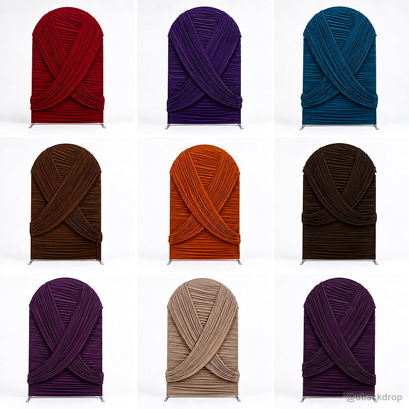 Jewel tone ruched fabric arch backdrop stand color collection grid