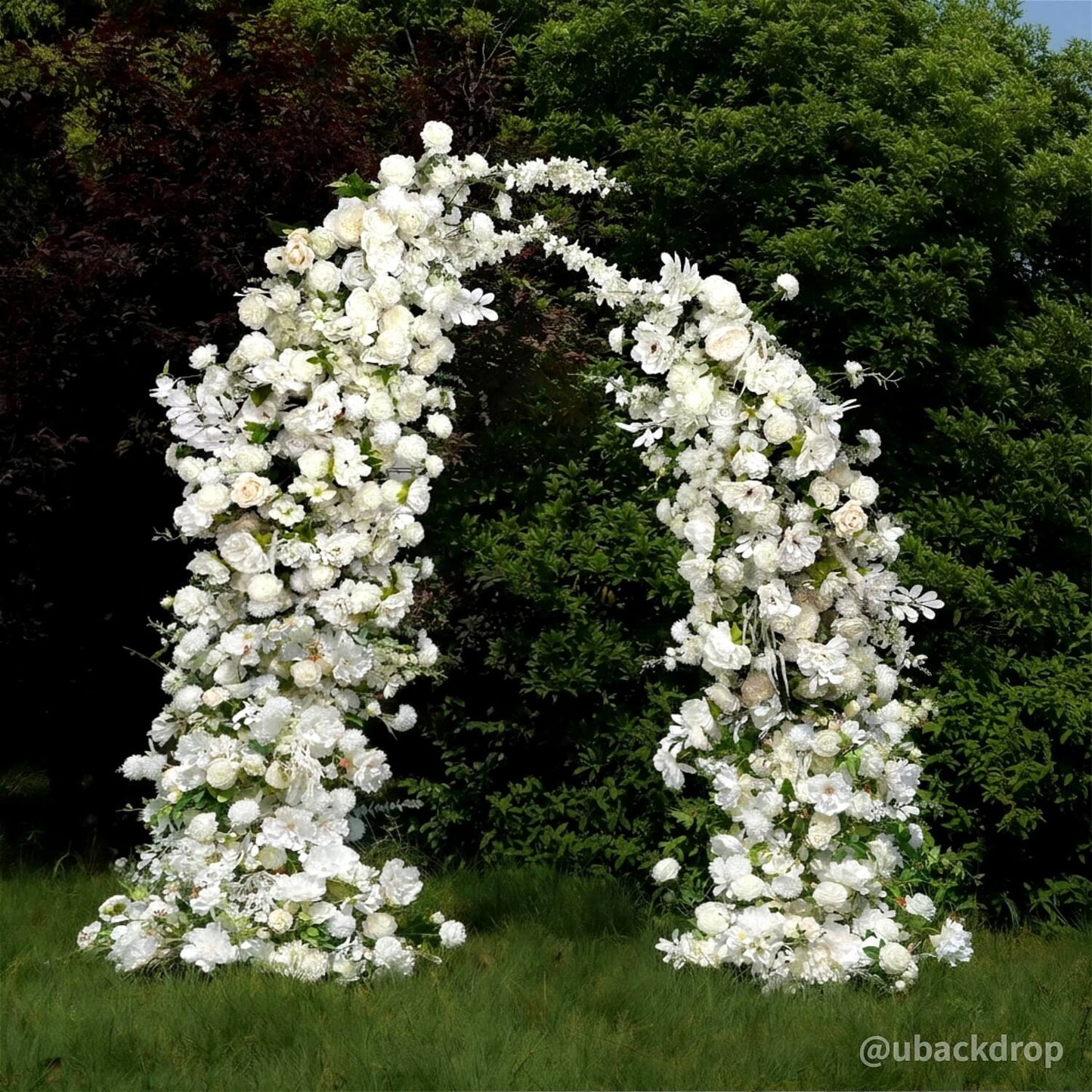 6+7FT White Rose and Hydrangea Horn-Shaped Flower Wall with Greenery for Party Decor-ubackdrop