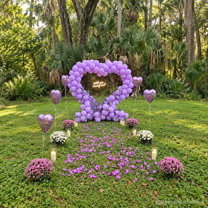 Lavender heart balloon proposal arch garden party event display