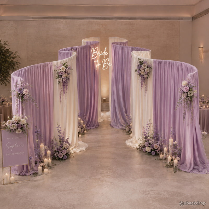 Lavender serpentine drapery party stand wedding aisle backdrop display