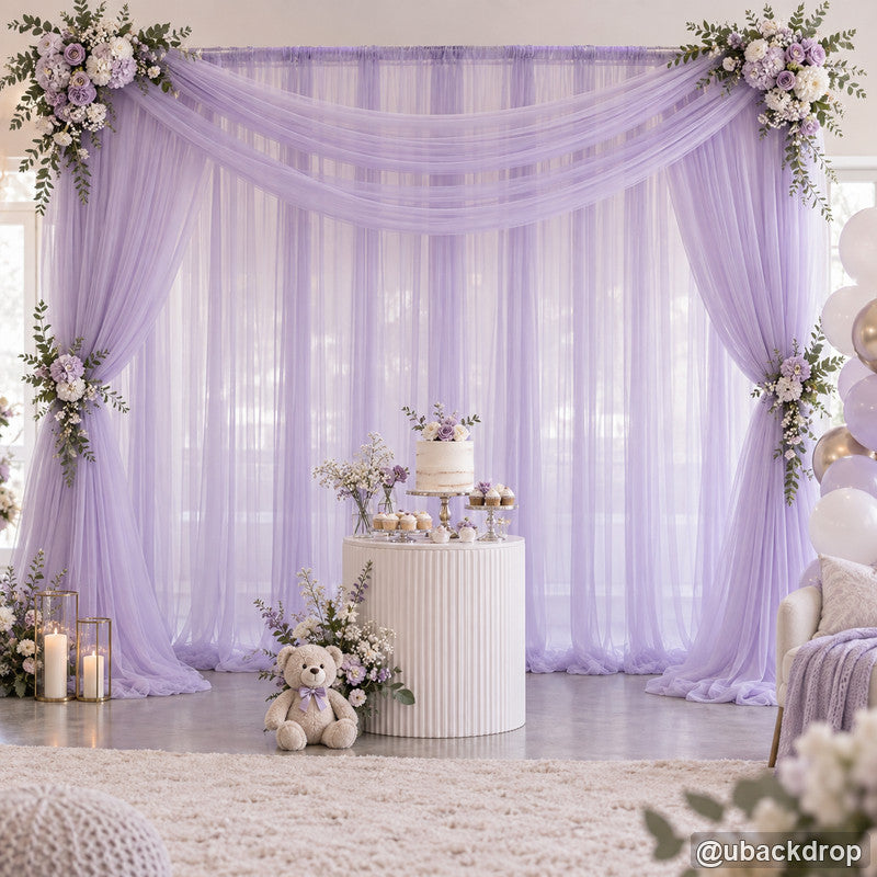 Lavender sheer drapery party stand dessert table event backdrop