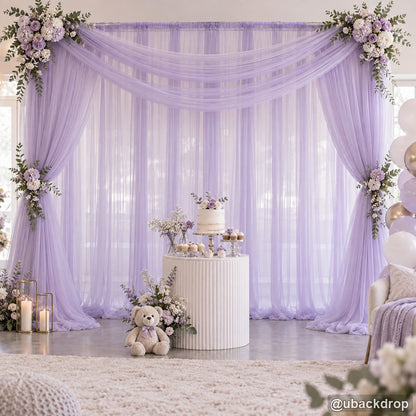 Lavender sheer drapery party stand dessert table event backdrop