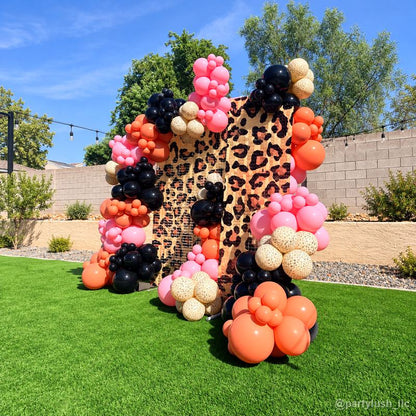 Leopard print backdrop pink orange balloon garden party display 2