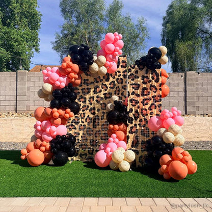 Leopard print backdrop pink orange balloon garden party display