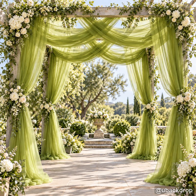 Lime green drapery wedding party stand garden ceremony backdrop