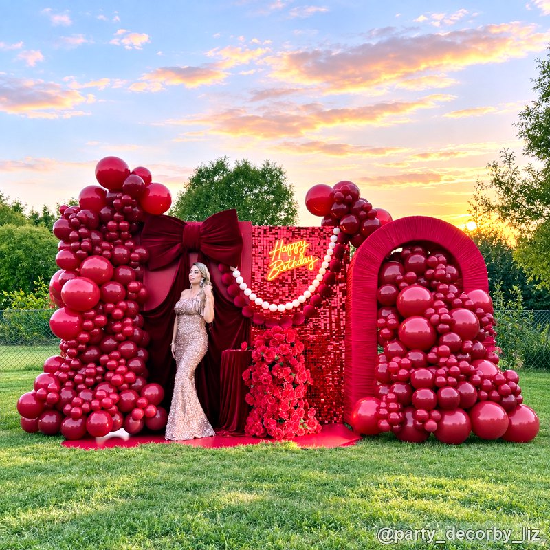 Luxury red birthday balloon party backdrop with bow
