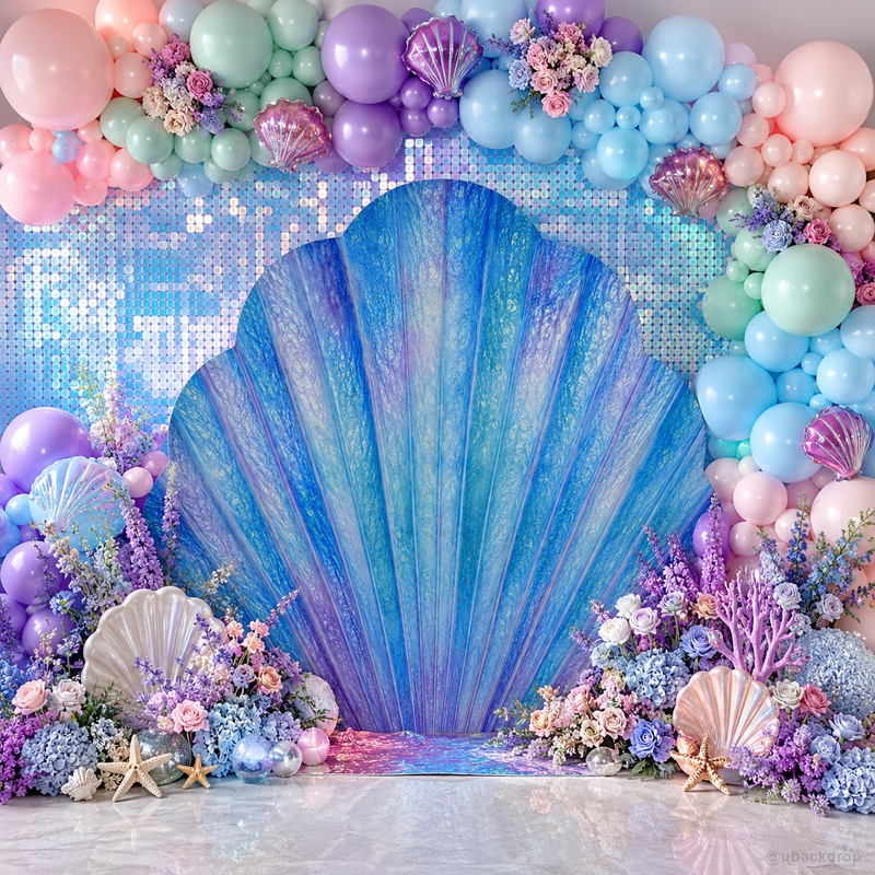 Mermaid seashell balloon shimmer wall birthday party photo backdrop