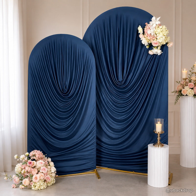Navy blue dual arch ruched fabric party stand backdrop