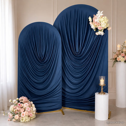 Navy blue dual arch ruched fabric party stand backdrop