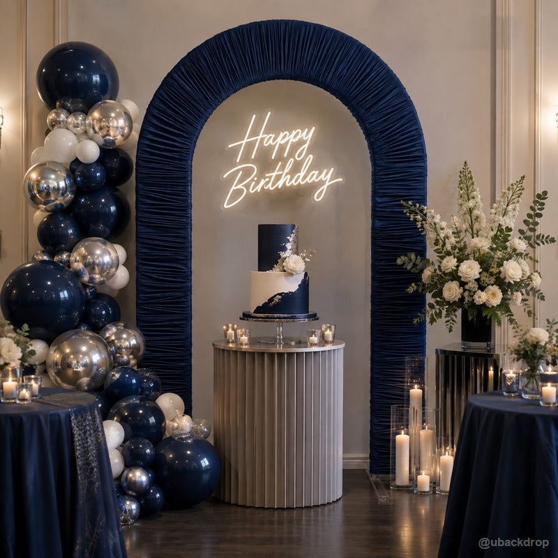 Navy blue ruched arch party stand birthday balloon backdrop