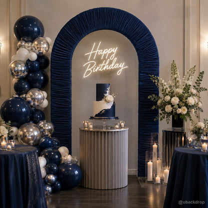 Navy blue ruched arch party stand birthday balloon backdrop