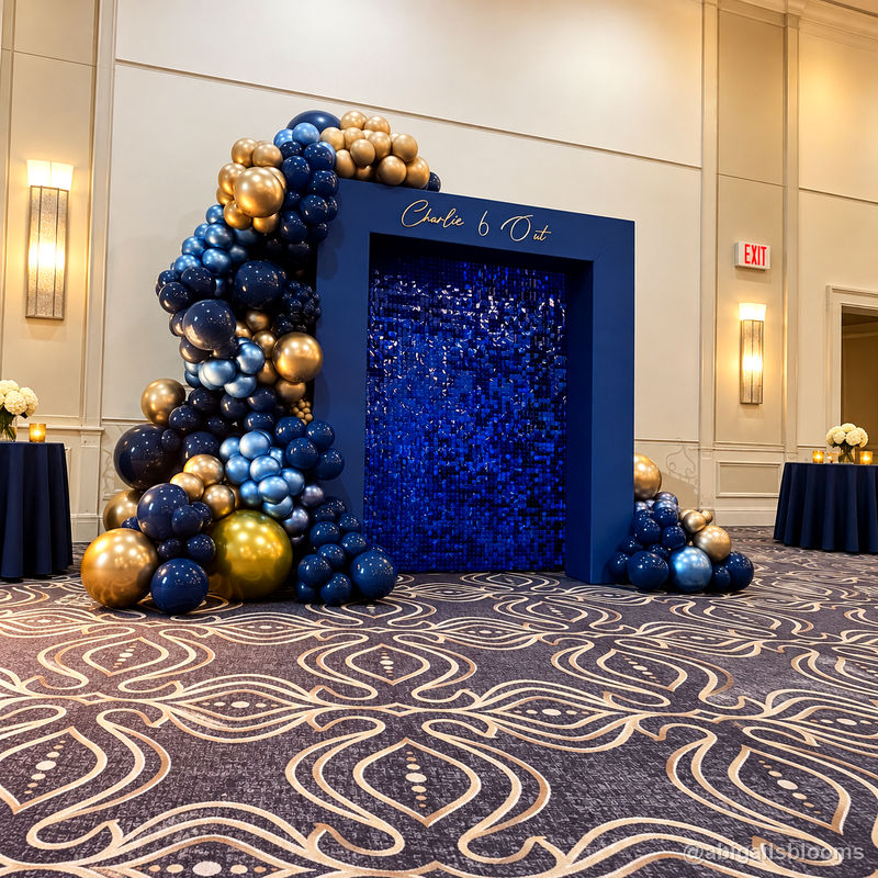 Navy blue sequin photo booth balloon garland birthday event display