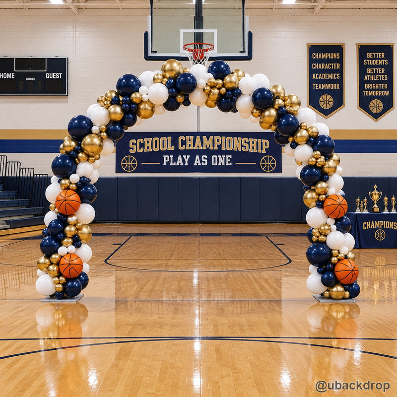 Navy gold basketball championship balloon arch school gym party decoration
