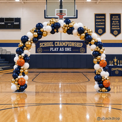 Navy gold basketball championship balloon arch school gym party decoration