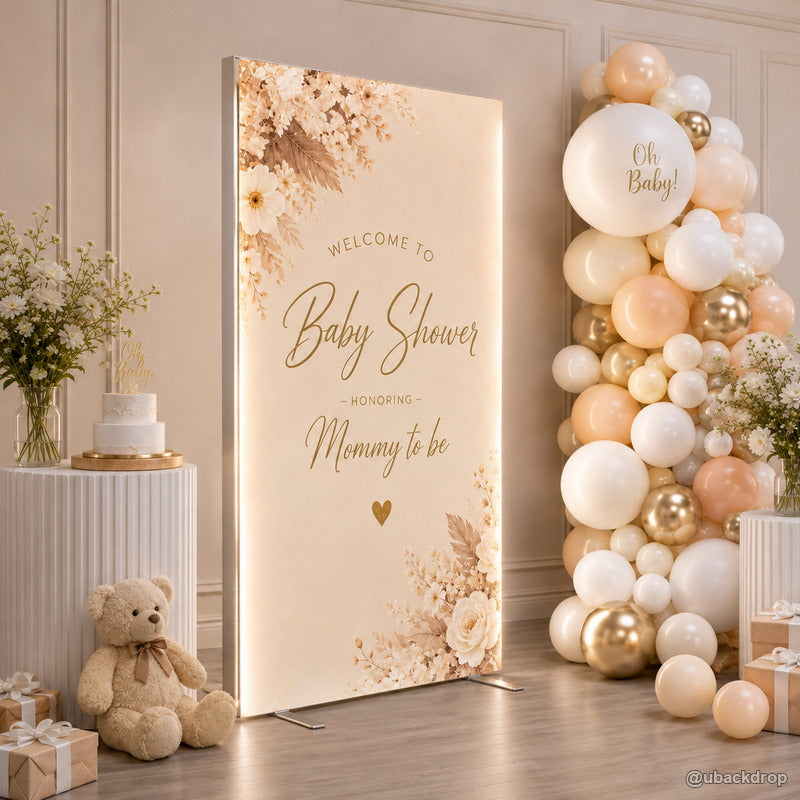 Neutral baby shower LED light box party stand side view