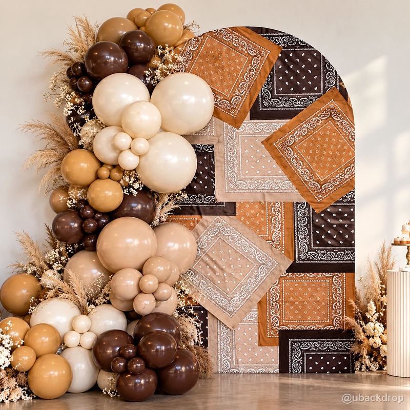 Neutral brown boho bandana backdrop balloon arch party photo display