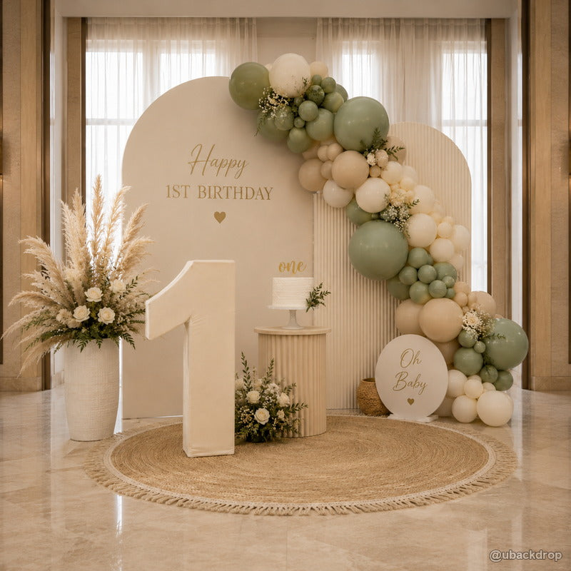 Neutral first birthday number one party stand coffee backdrop