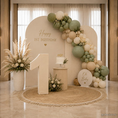 Neutral first birthday number one party stand coffee backdrop
