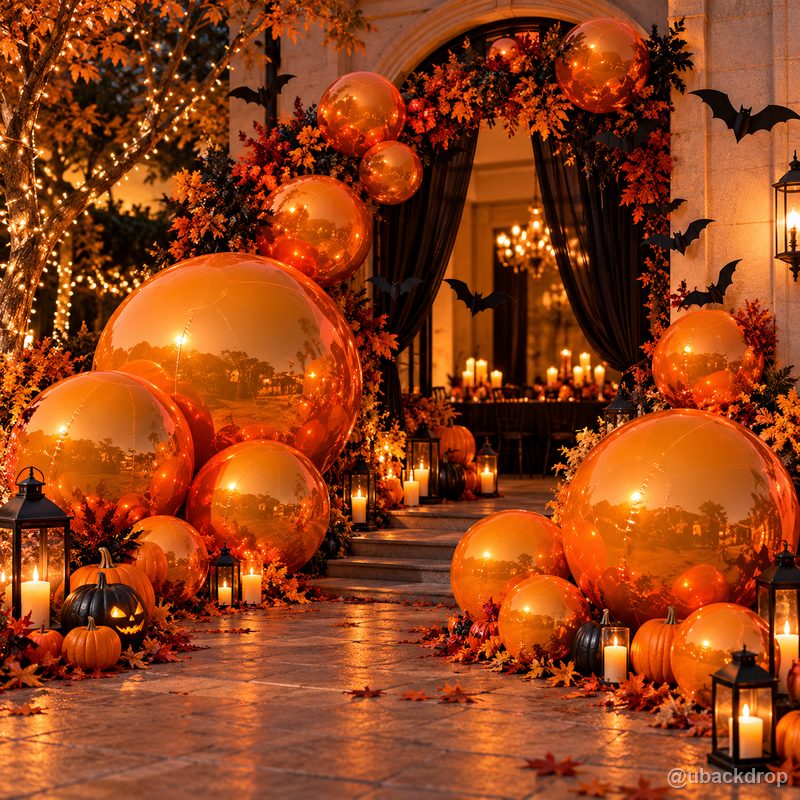 Orange mirror inflatable balls autumn halloween entrance party display
