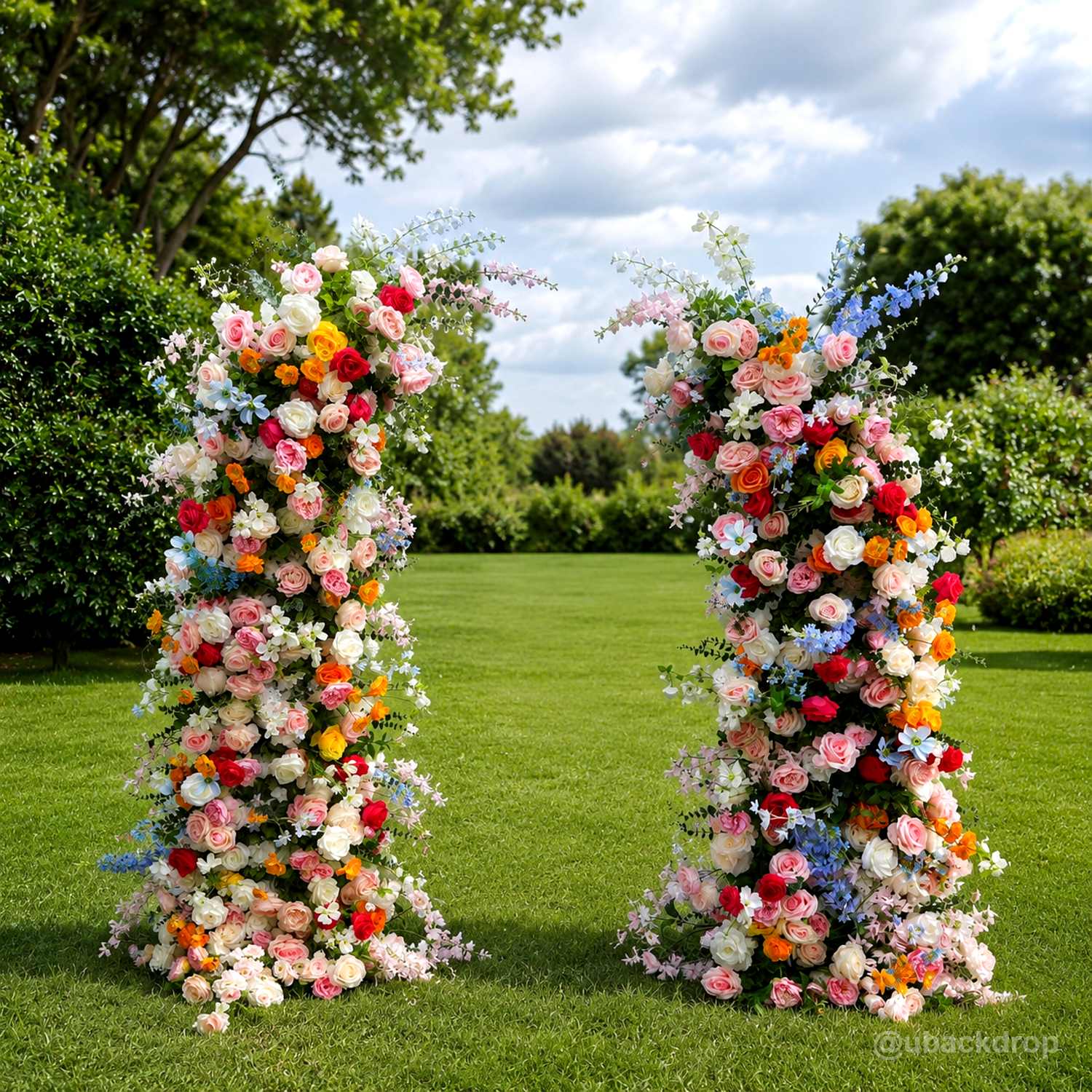 6+7FT Multi-Color Mixed Rose and Hydrangea Horn-Shaped Flower Wall for Party Decor-ubackdrop