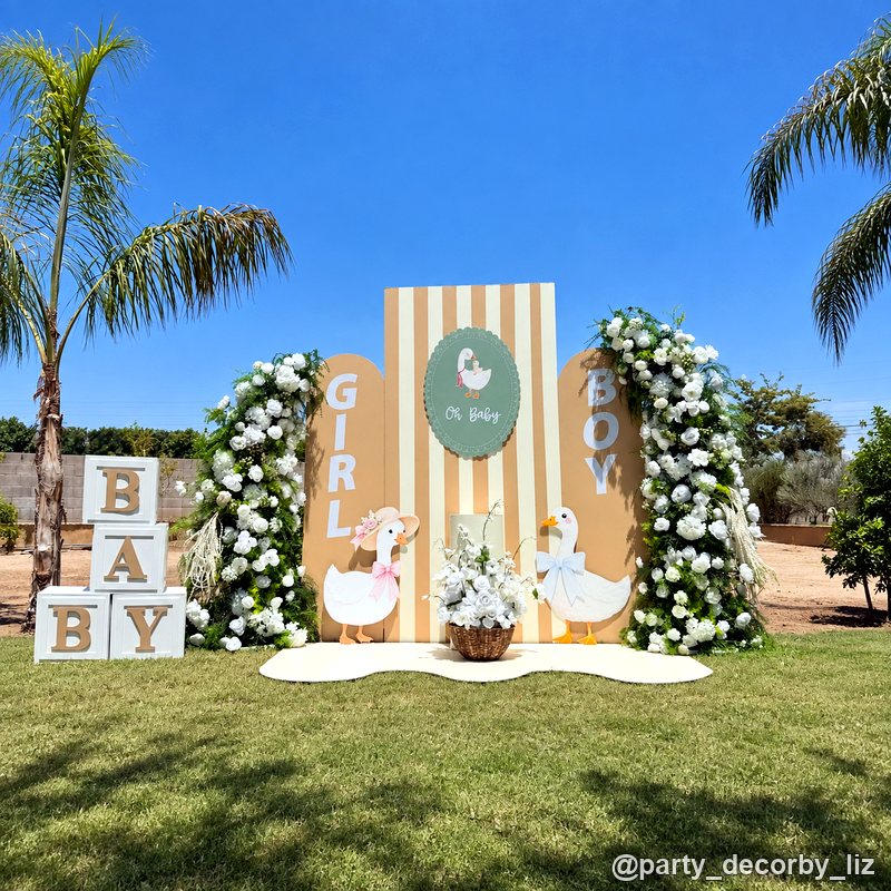 Outdoor goose baby shower floral party backdrop display