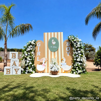 Outdoor goose baby shower floral party backdrop display