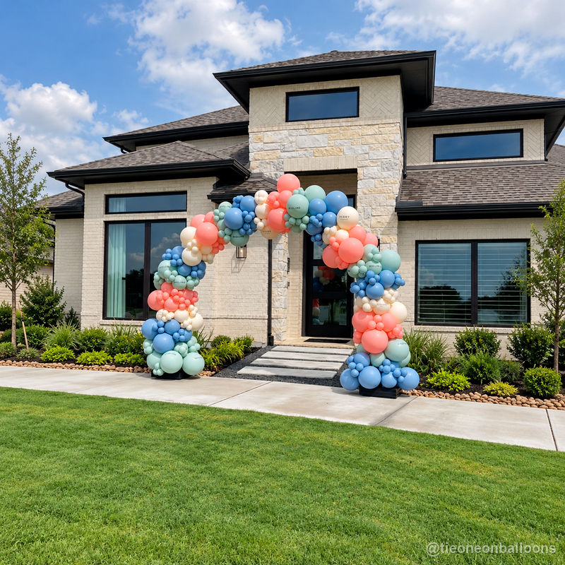 Pastel balloon arch house entrance outdoor party display