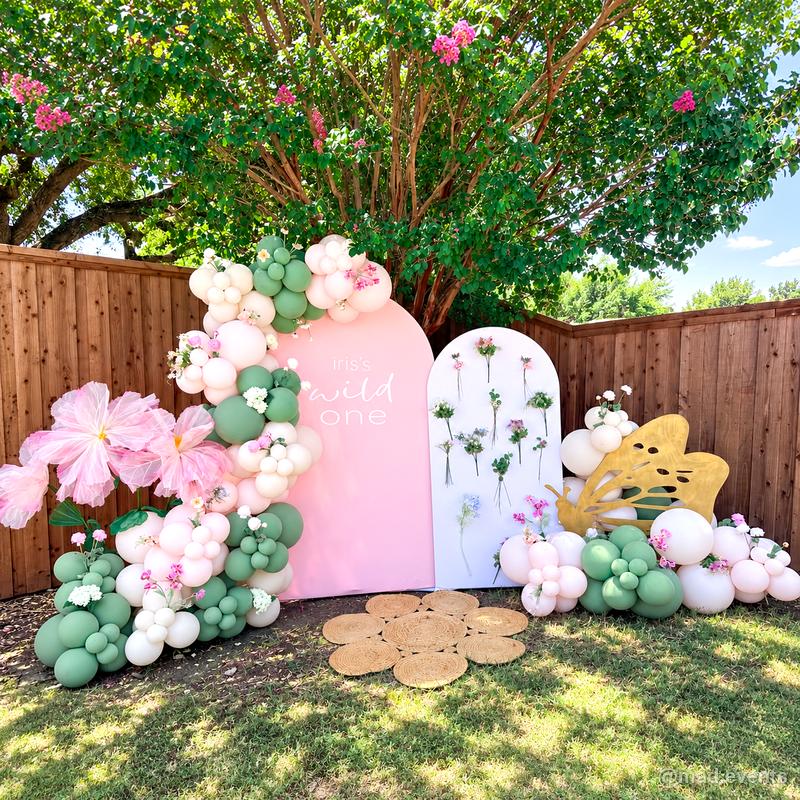 Pastel birthday balloon backdrop garden first birthday party display