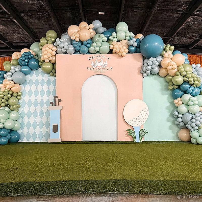 Pastel golf baby shower balloon party stand backdrop display