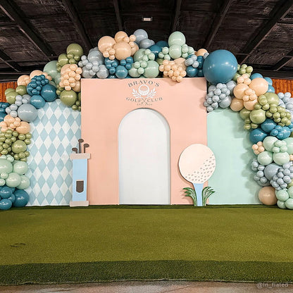 Pastel golf baby shower balloon party stand backdrop display