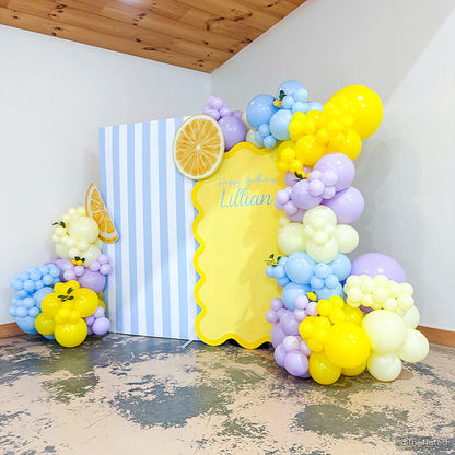 Pastel lemonade balloon party stand summer birthday backdrop display