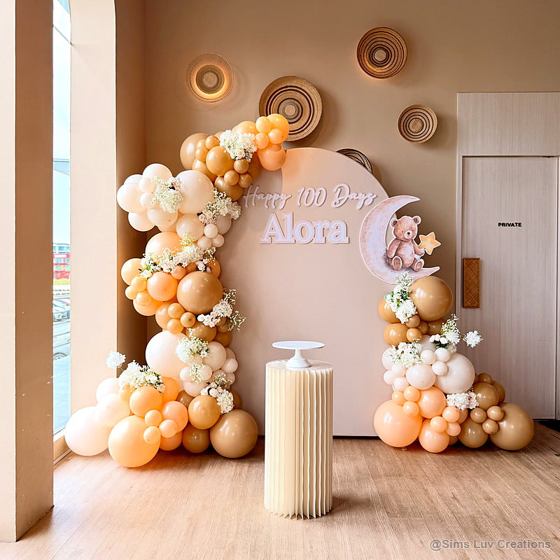 Peach balloon arch party stand first birthday backdrop display