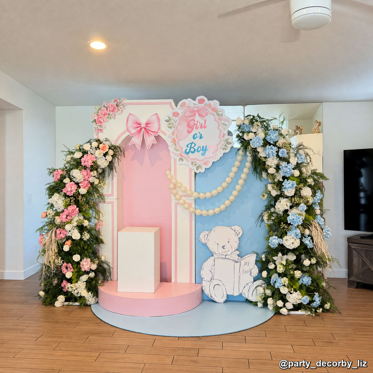 Pink blue gender reveal floral backdrop party wall balloon arch celebration event
