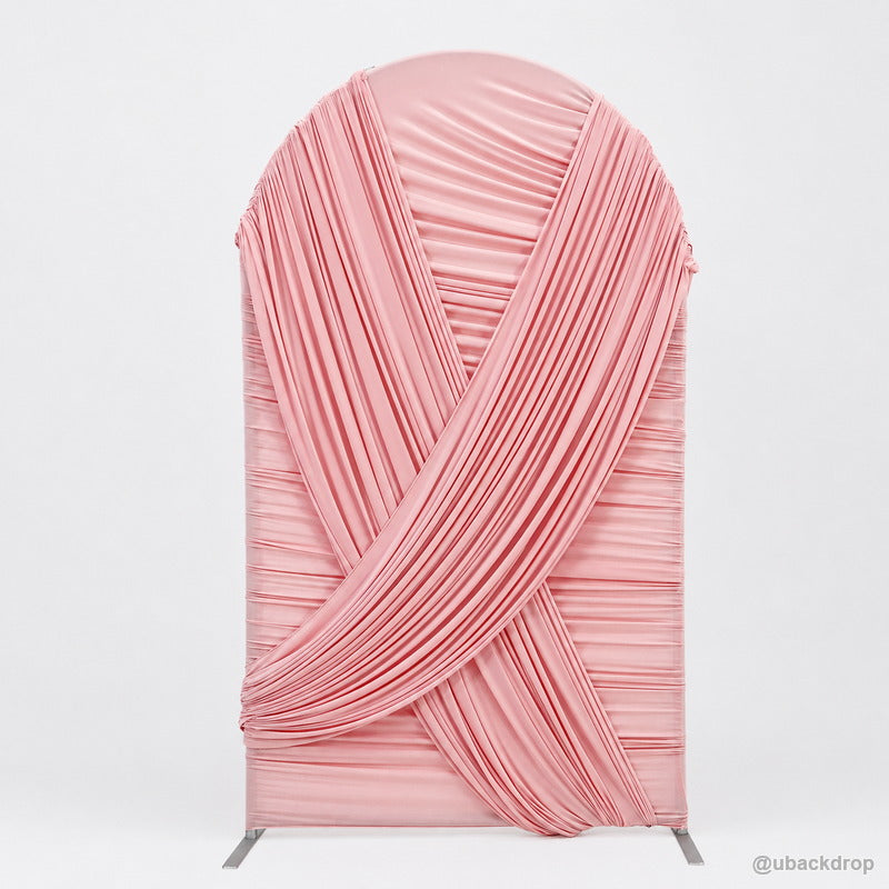 Pink crossed drapery arch party stand alternate front view