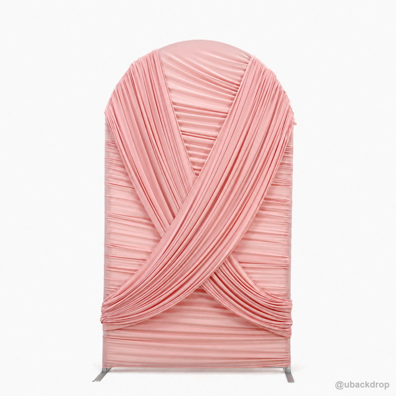 Pink crossed drapery arch party stand front product display
