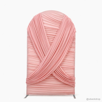 Pink crossed drapery arch party stand front product display