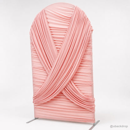 Pink crossed drapery arch party stand right side view