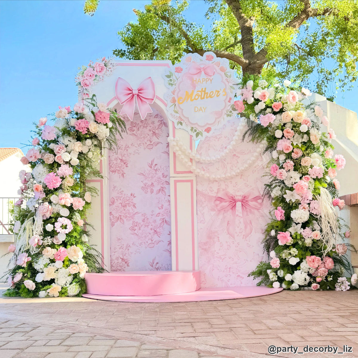 Pink floral mothers day backdrop garden balloon arch celebration event display