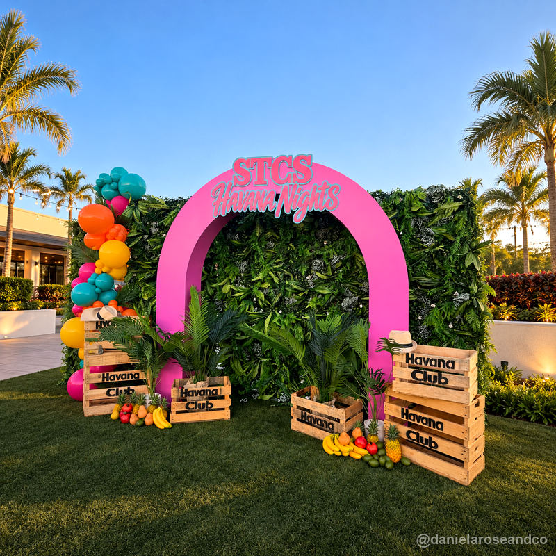 Pink havana nights arched tropical party backdrop photo booth display