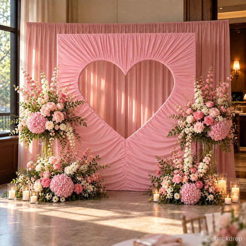 Pink heart draped backdrop floral wedding party photo booth display