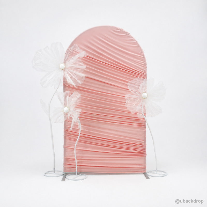 Pink horizontal ruched arch floral party backdrop front view