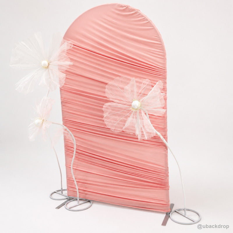 Pink horizontal ruched arch floral party stand right view