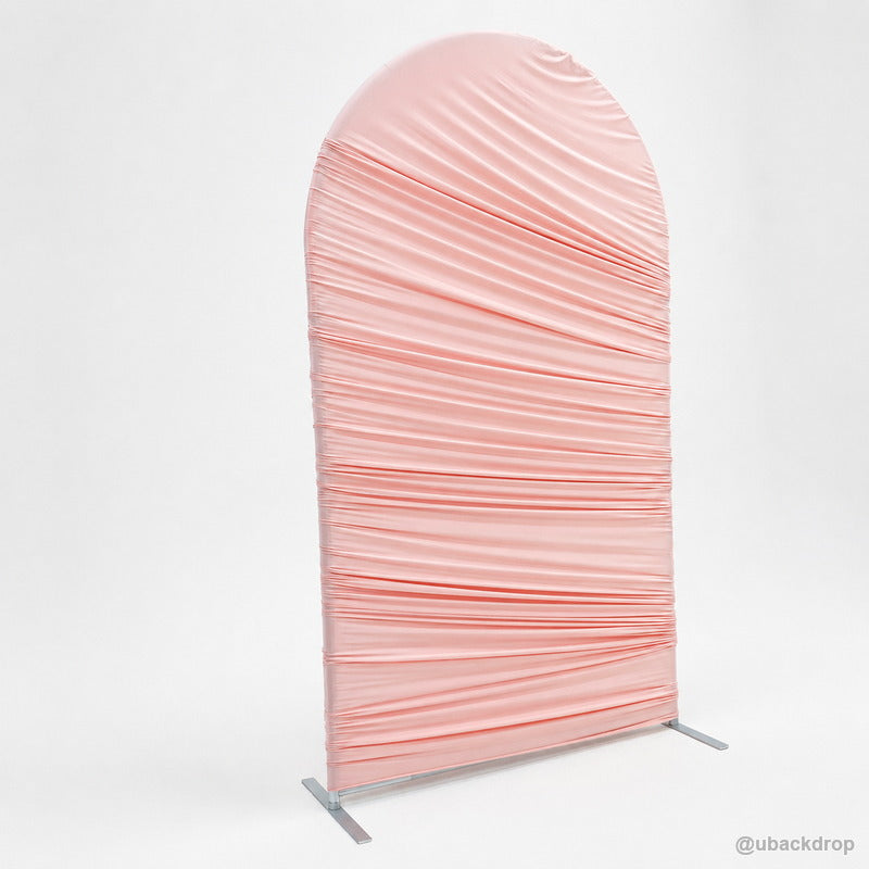 Pink horizontal ruched arch party stand left side view