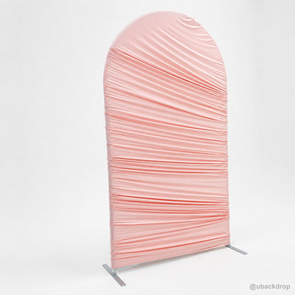Pink horizontal ruched arch party stand left side view