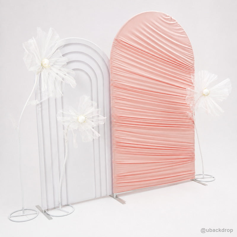 Pink horizontal ruched arch white panel floral backdrop rear view