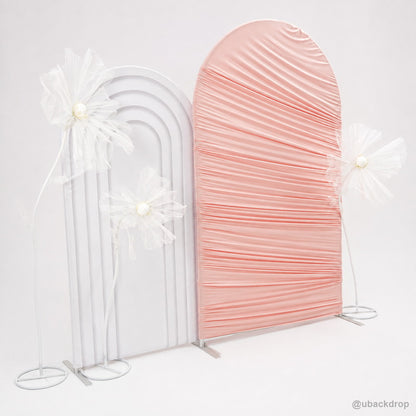 Pink horizontal ruched arch white panel floral backdrop rear view